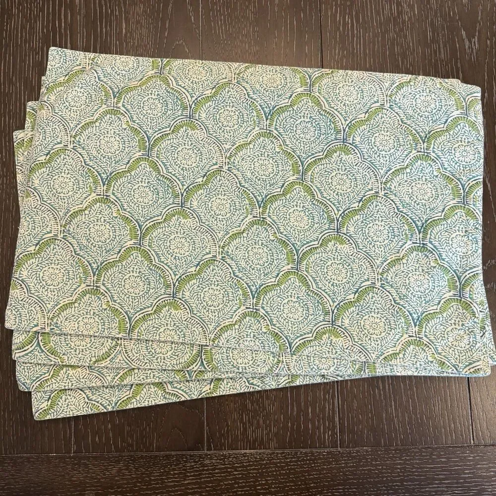 Set‎ Of 4 Blue Green & White Block Print Placemats & Cloth Napkins Boho Print